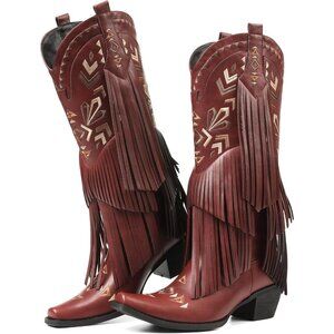 ⚡Women's Red Leather Cowgirl Boots Knee High Fringe Boots Comfortable Pull On